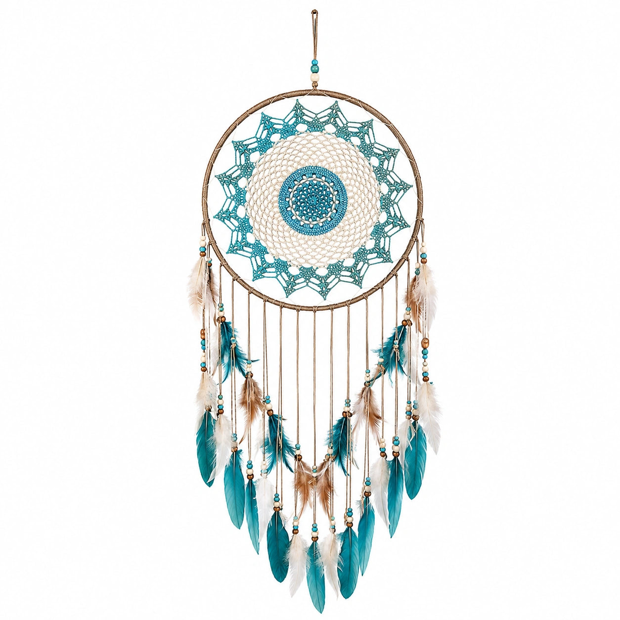 Attrape-rêves 40 x 100 cm textile turquoise blanc et marron à suspendre décoratif