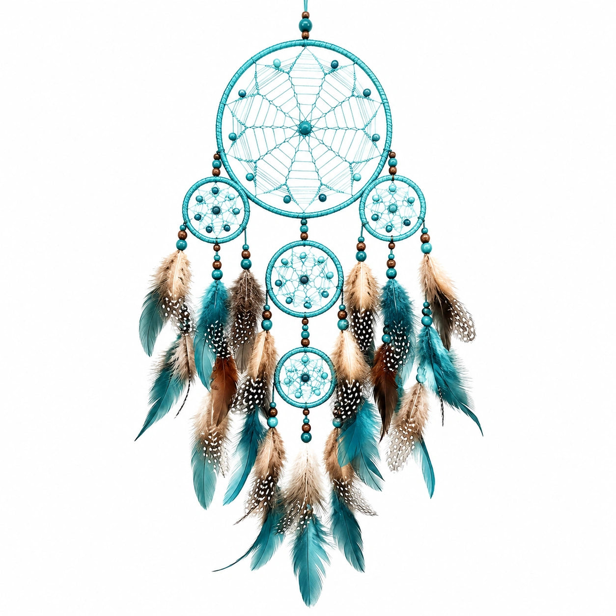 Attrape-rêves suspendu 55 x 110 cm en fil turquoise avec plumes style bohème