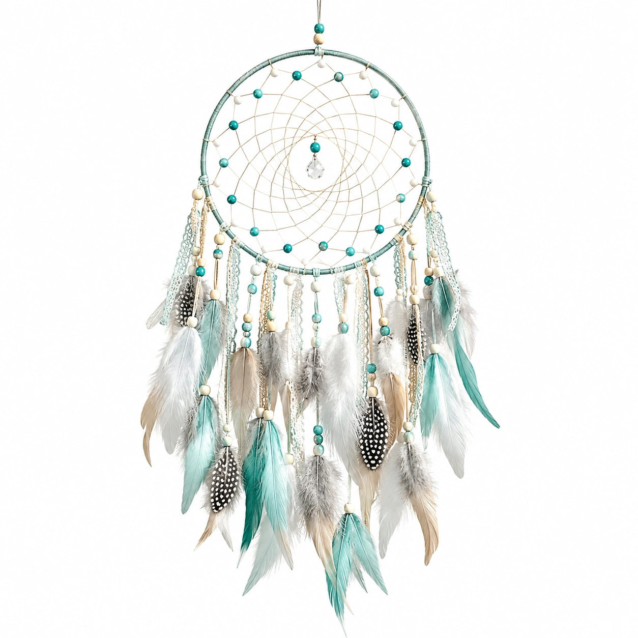 Attrape-rêves suspendu 35 x 80 cm en corde et plumes turquoise blanc style bohème