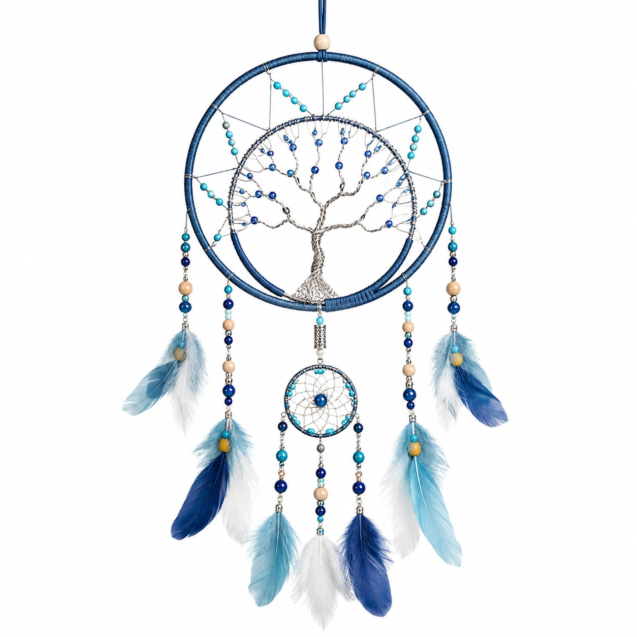 Attrape-rêves suspendu 25 x 70 cm en métal et plumes bleu blanc style bohème