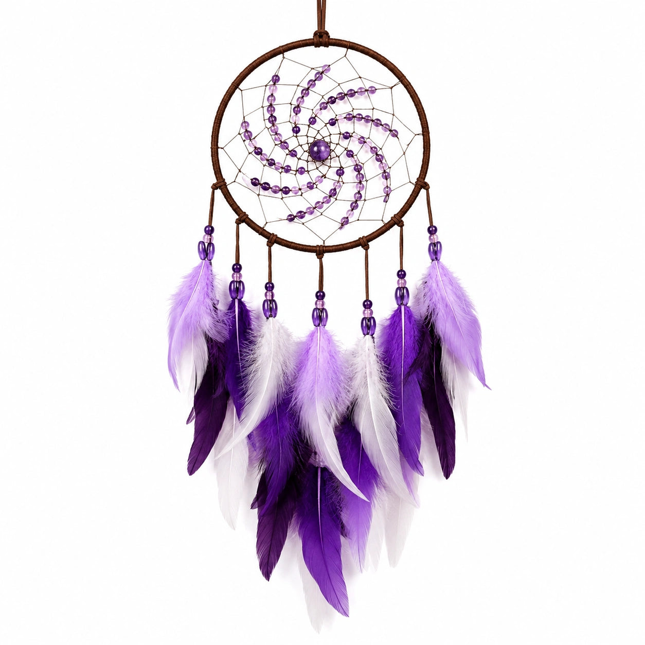 Attrape-rêves 20 x 60 cm en plumes violet blanc style bohème à suspendre