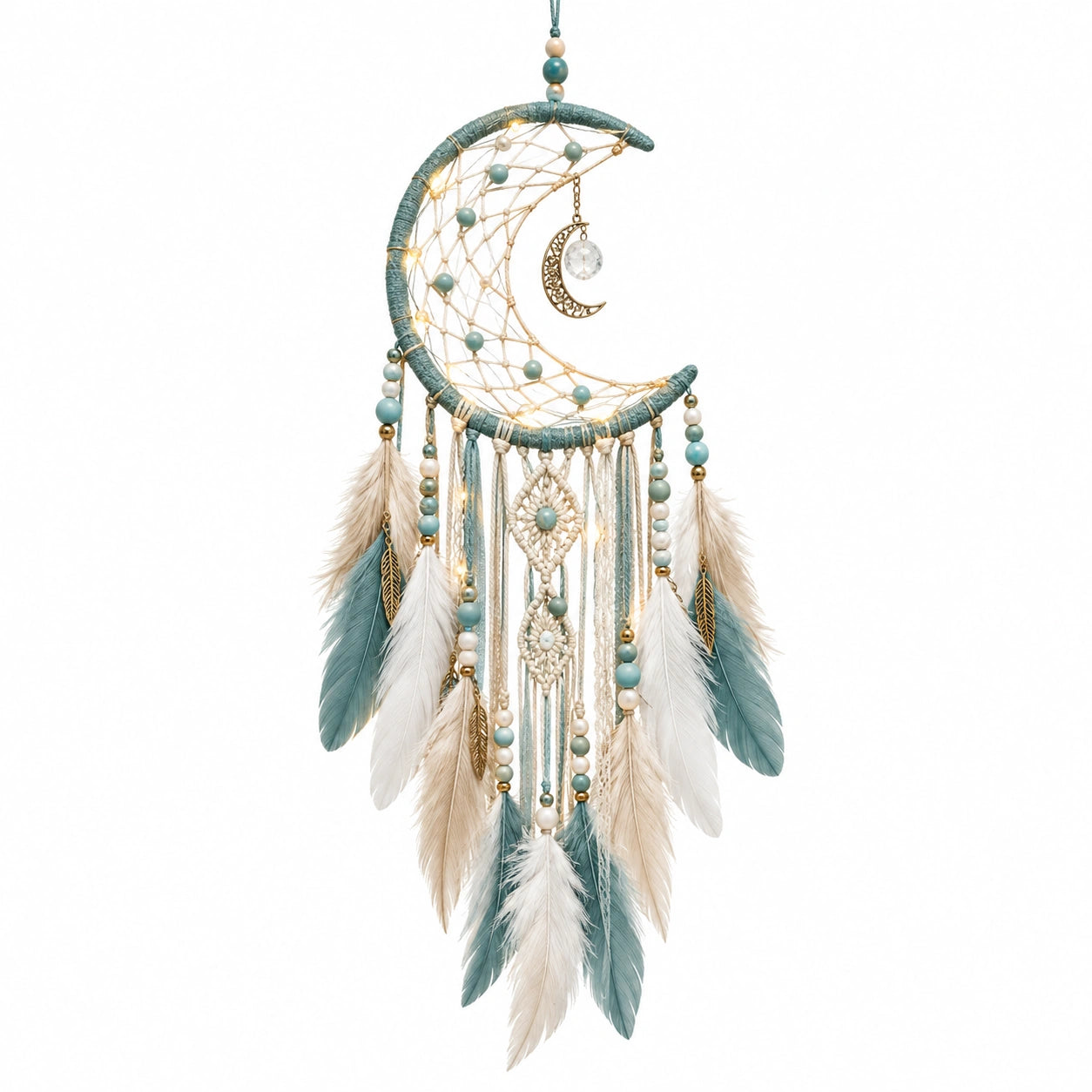 Attrape-rêves mural lune 30 x 75 cm textile bleu et blanc avec plumes