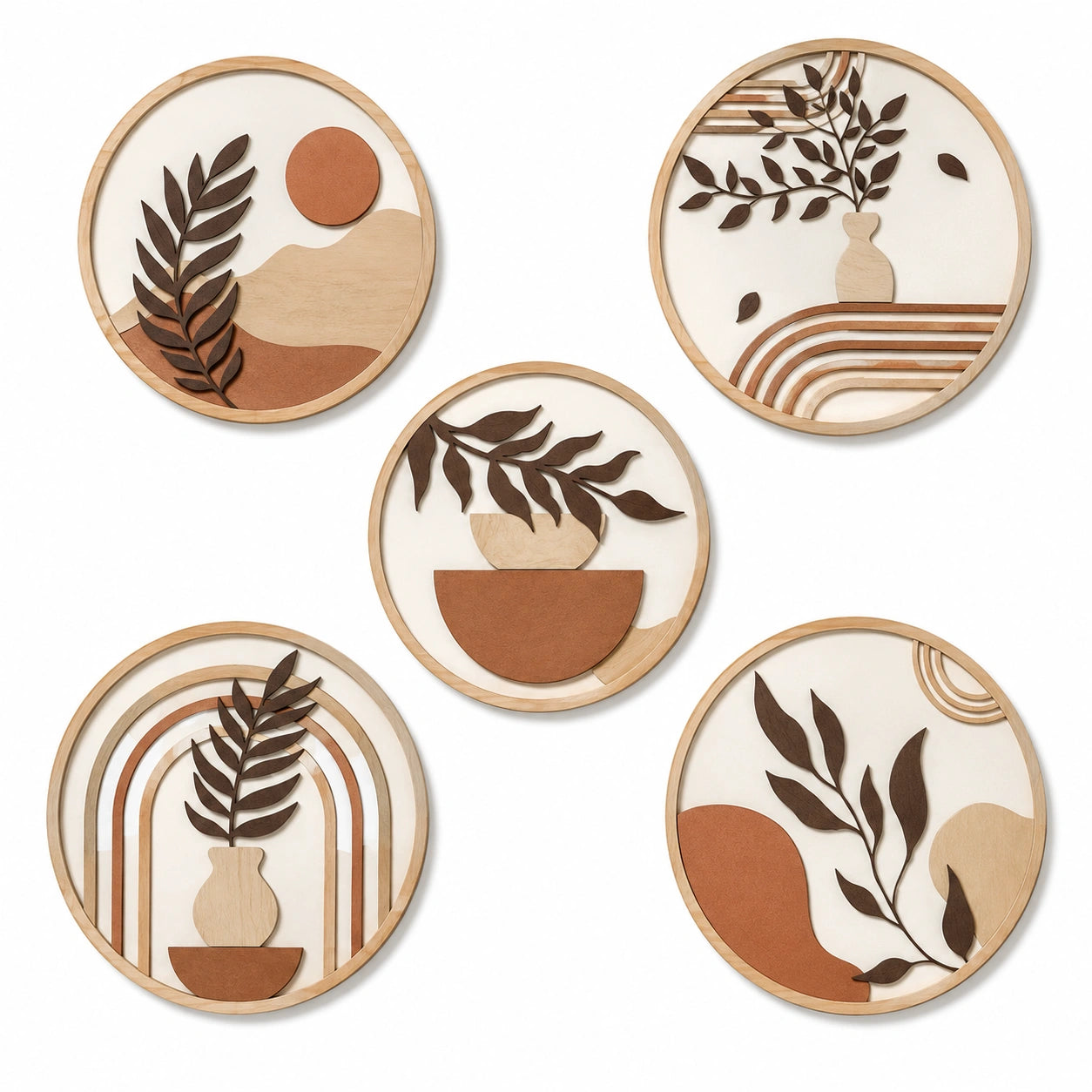 Lot de 5 décorations murales rondes 30 cm en bois beige marron style botanique