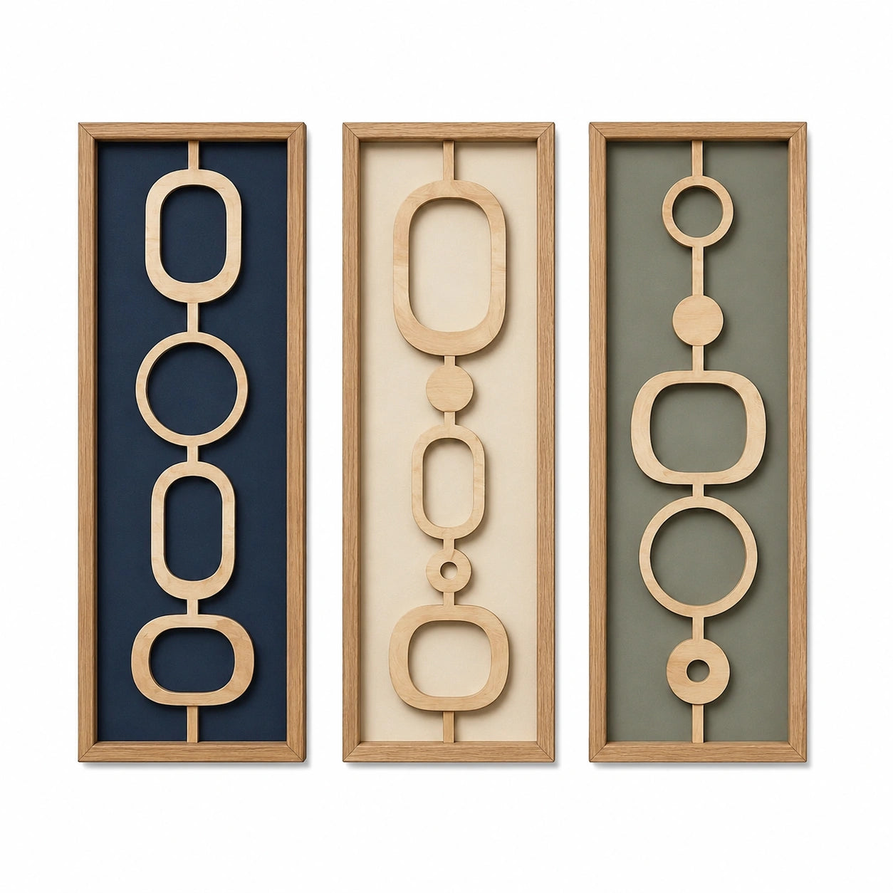 Lot de 3 tableaux muraux 30 x 90 cm en bois beige bleu vert style géométrique