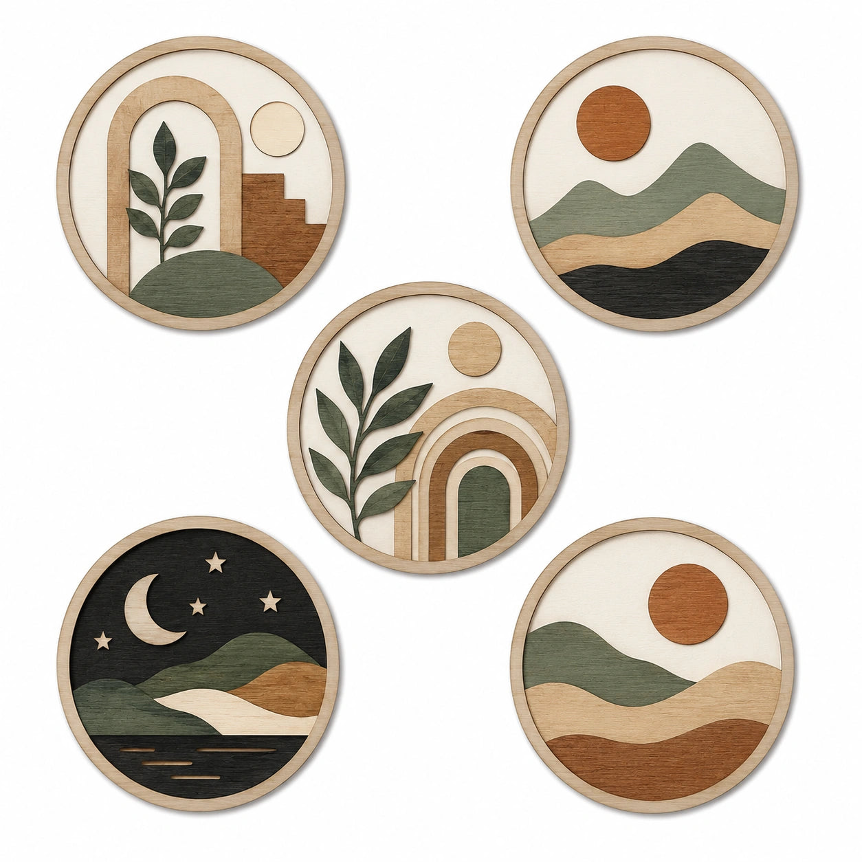 Lot de 5 décorations murales rondes diamètre 30 cm en bois multicolore style naturel