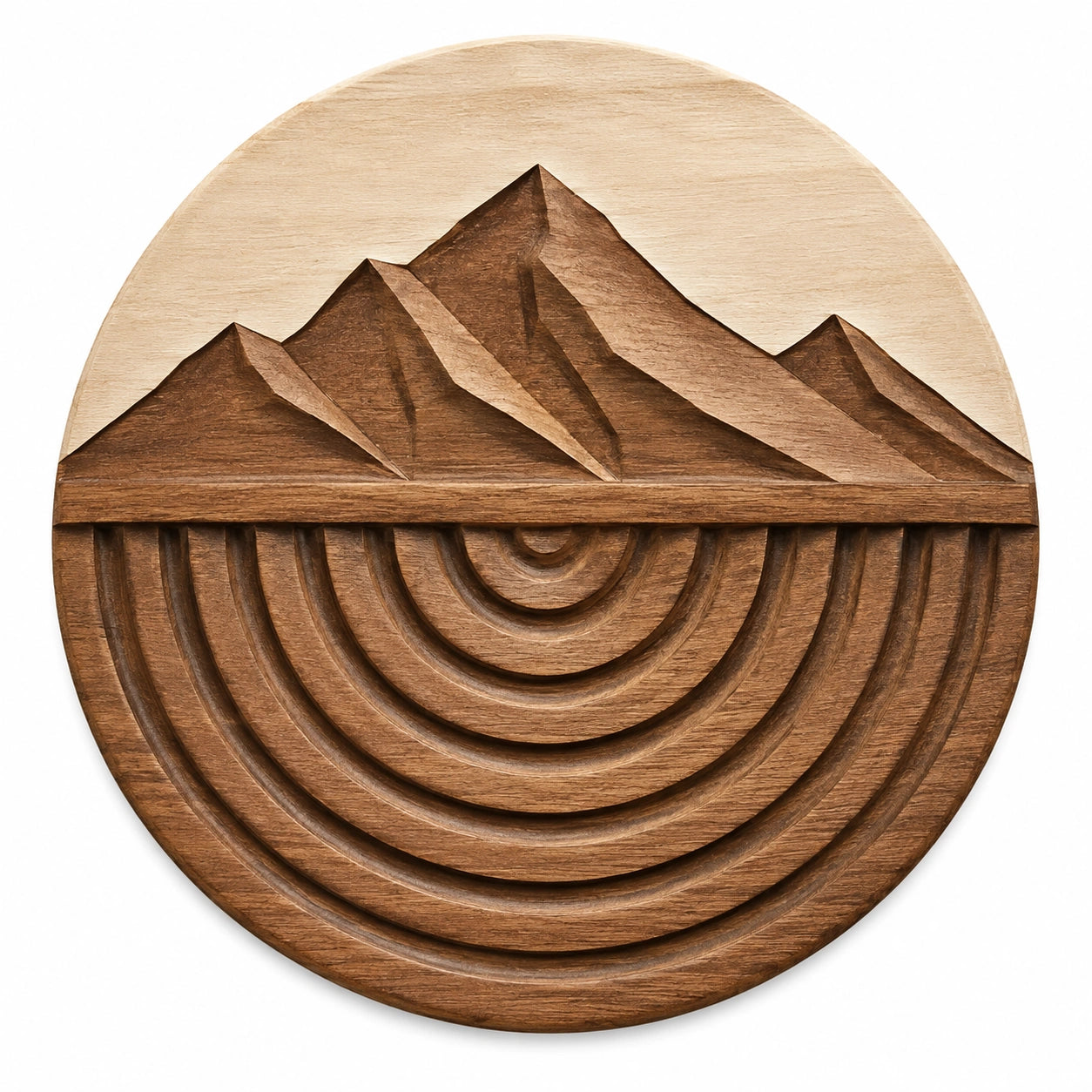 Décoration murale ronde 50 cm en bois marron motif montagnes sculpté