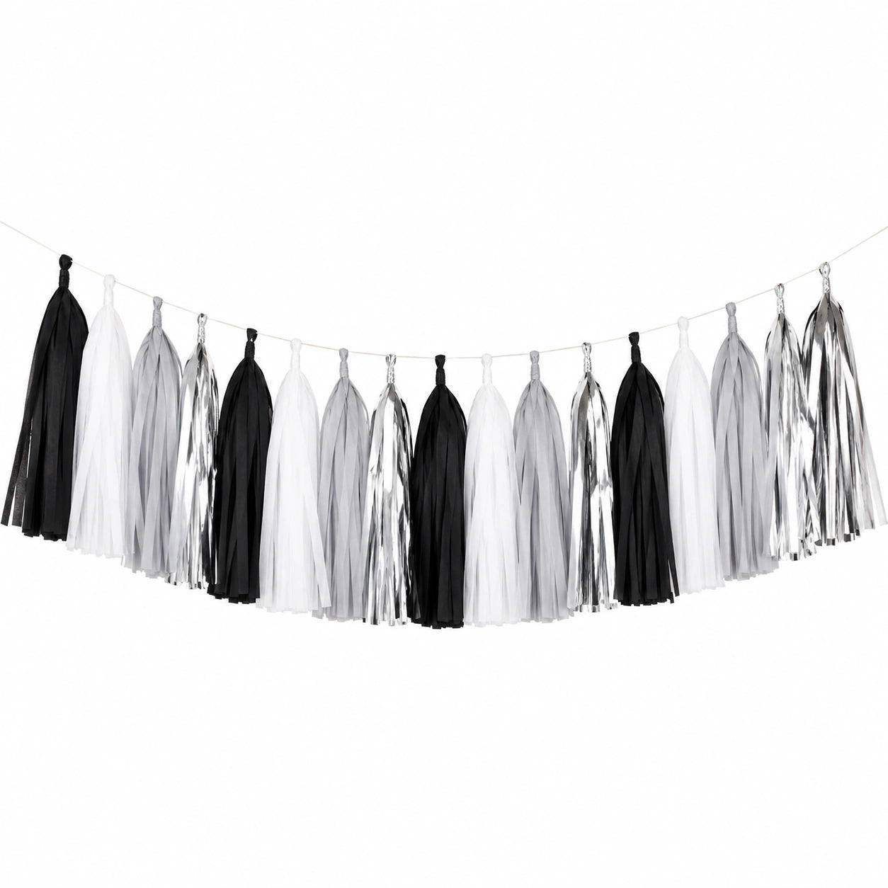 Guirlande à pompons 300 cm en papier noir blanc gris argenté décorative