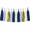 Guirlande de tassels 300 x 35 cm en papier bleu marine bleu clair blanc doré décoration de fête