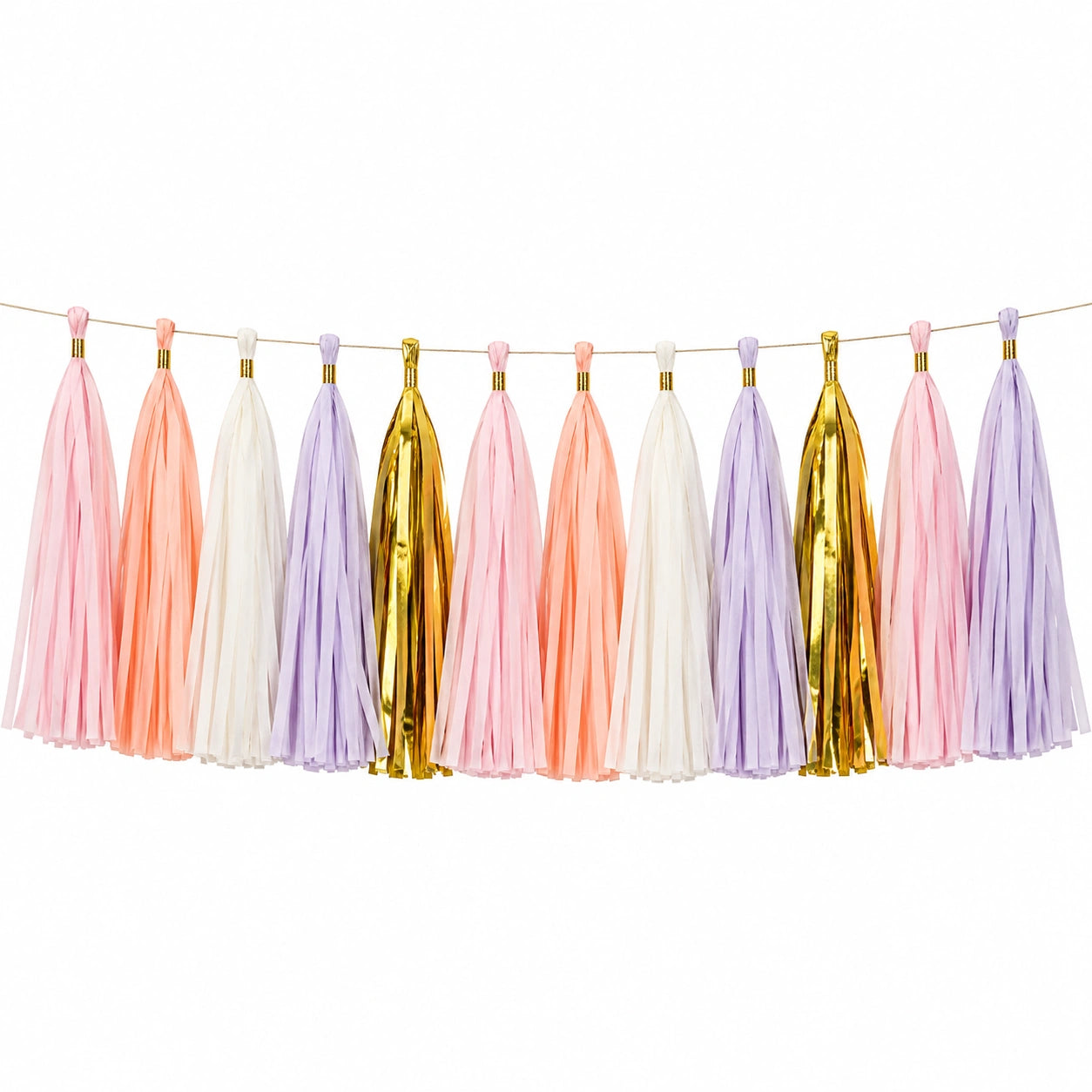 Guirlande à pompons 300 x 35 cm en papier rose pêche blanc lilas doré pour décoration de fête