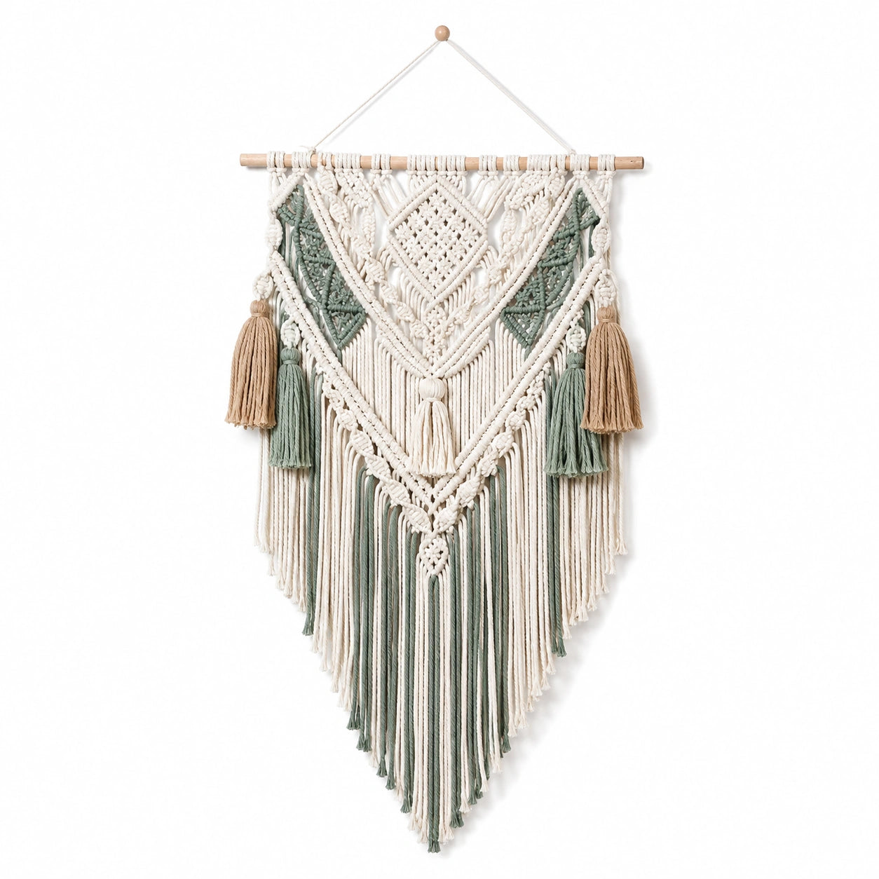 Tenture murale 50 x 100 cm en fibres textiles écru vert sauge style macramé