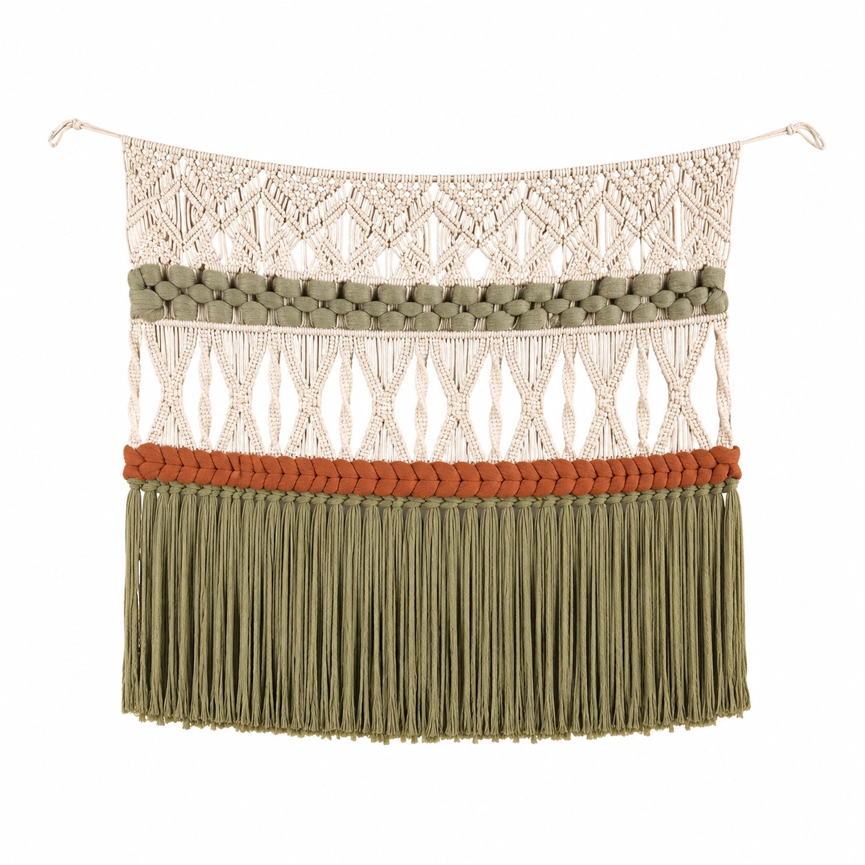 Tenture murale macramé 50 x 70 cm coton écru vert kaki terracotta style bohème décoratif