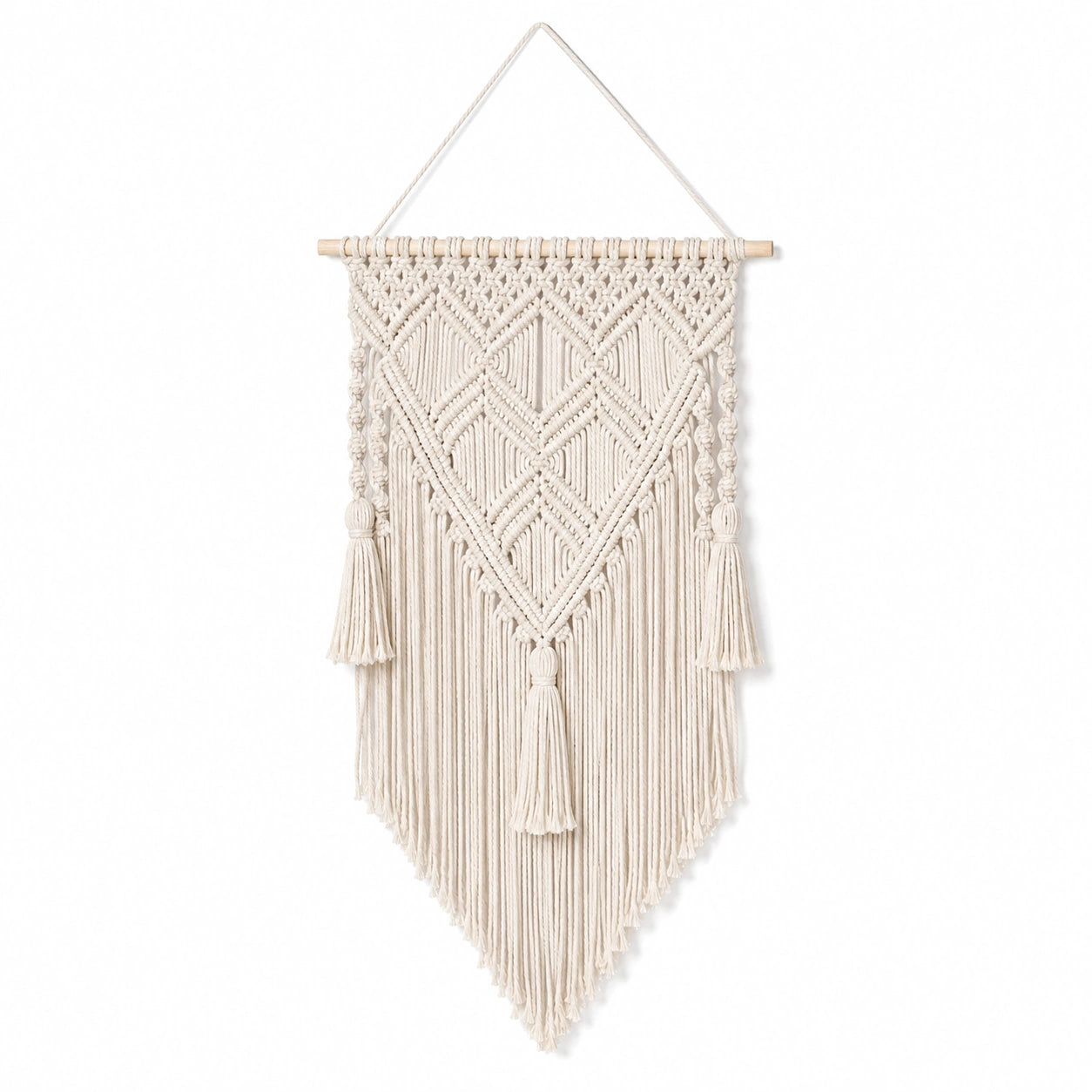 Tenture murale macramé 50 x 90 cm en coton écru avec franges style bohème