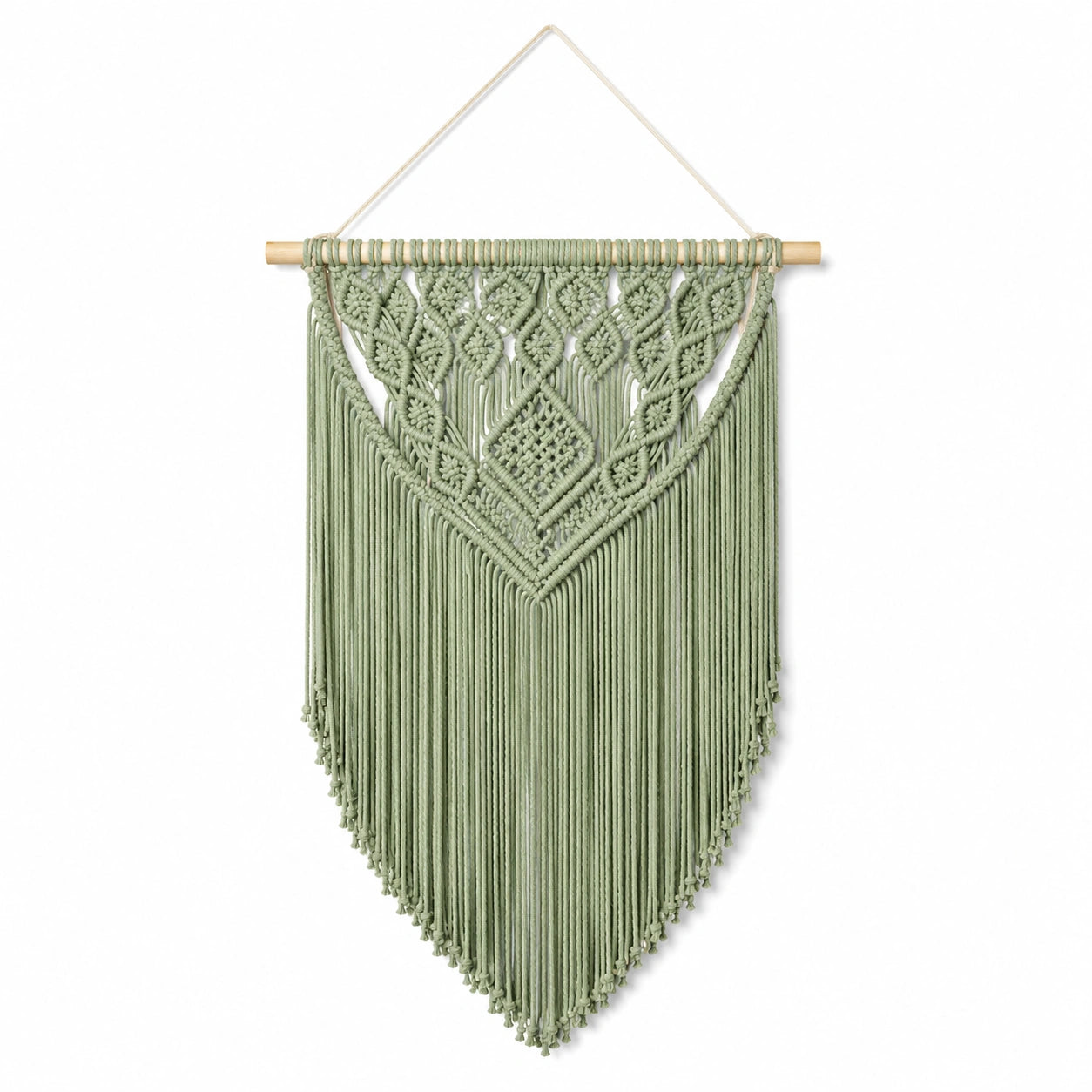 Décoration murale en macramé 50 x 90 cm coton vert sauge avec support en bois style bohème
