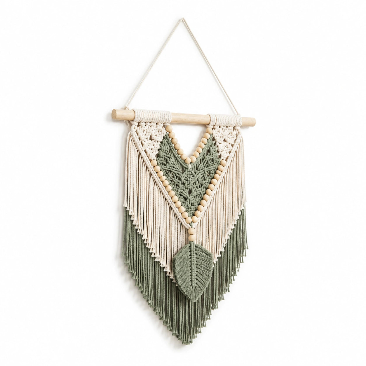 Tenture murale macramé 40 x 75 cm coton vert sauge et écru style bohème
