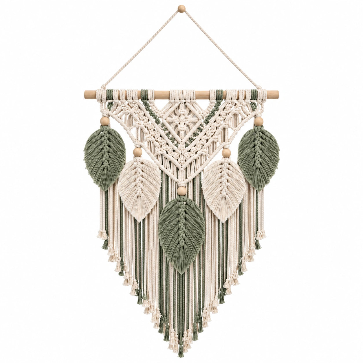 Tapisserie murale macramé 50 x 90 cm coton vert écru style bohème à suspendre