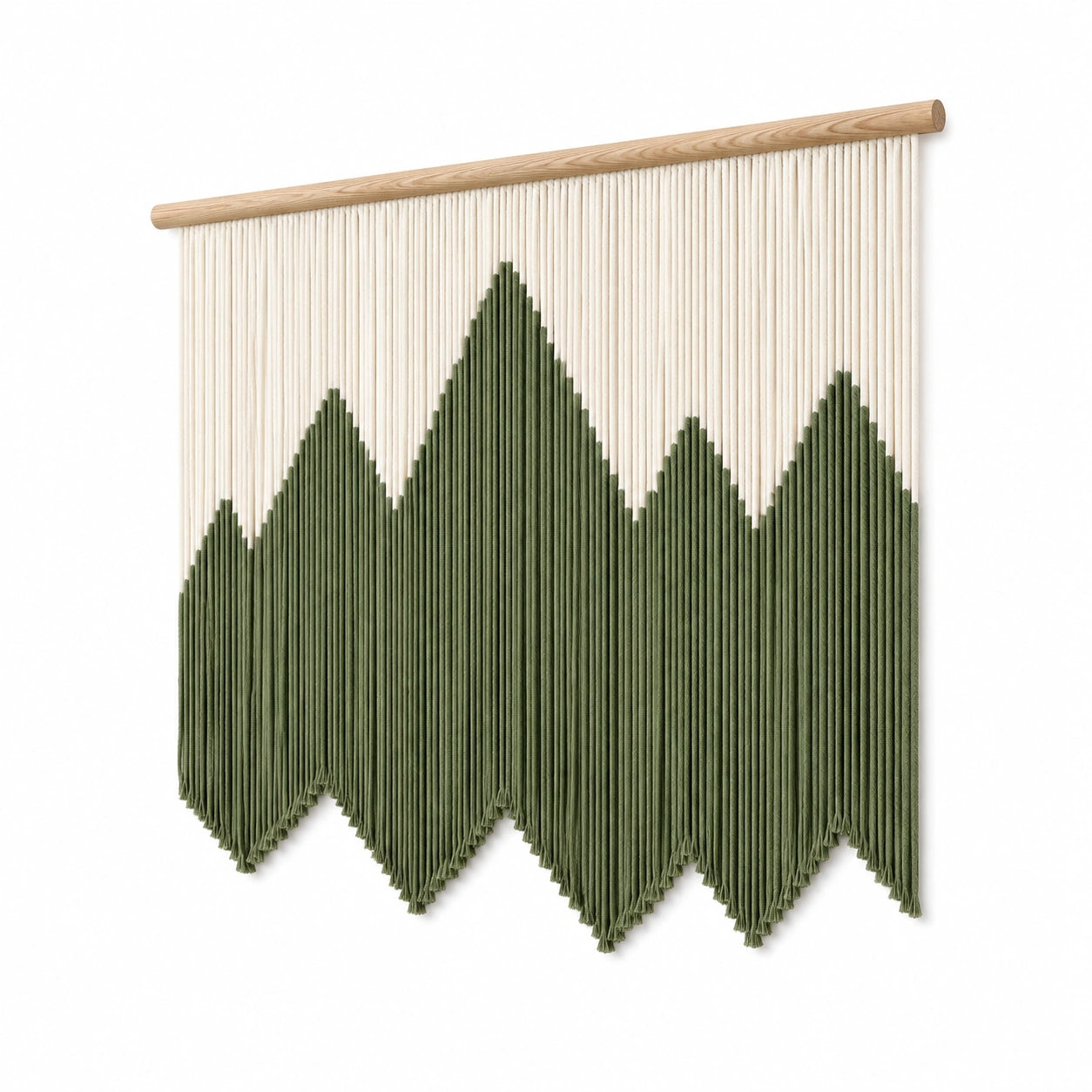 Tapisserie murale 100 x 100 cm en coton vert et écru avec barre en bois style bohème