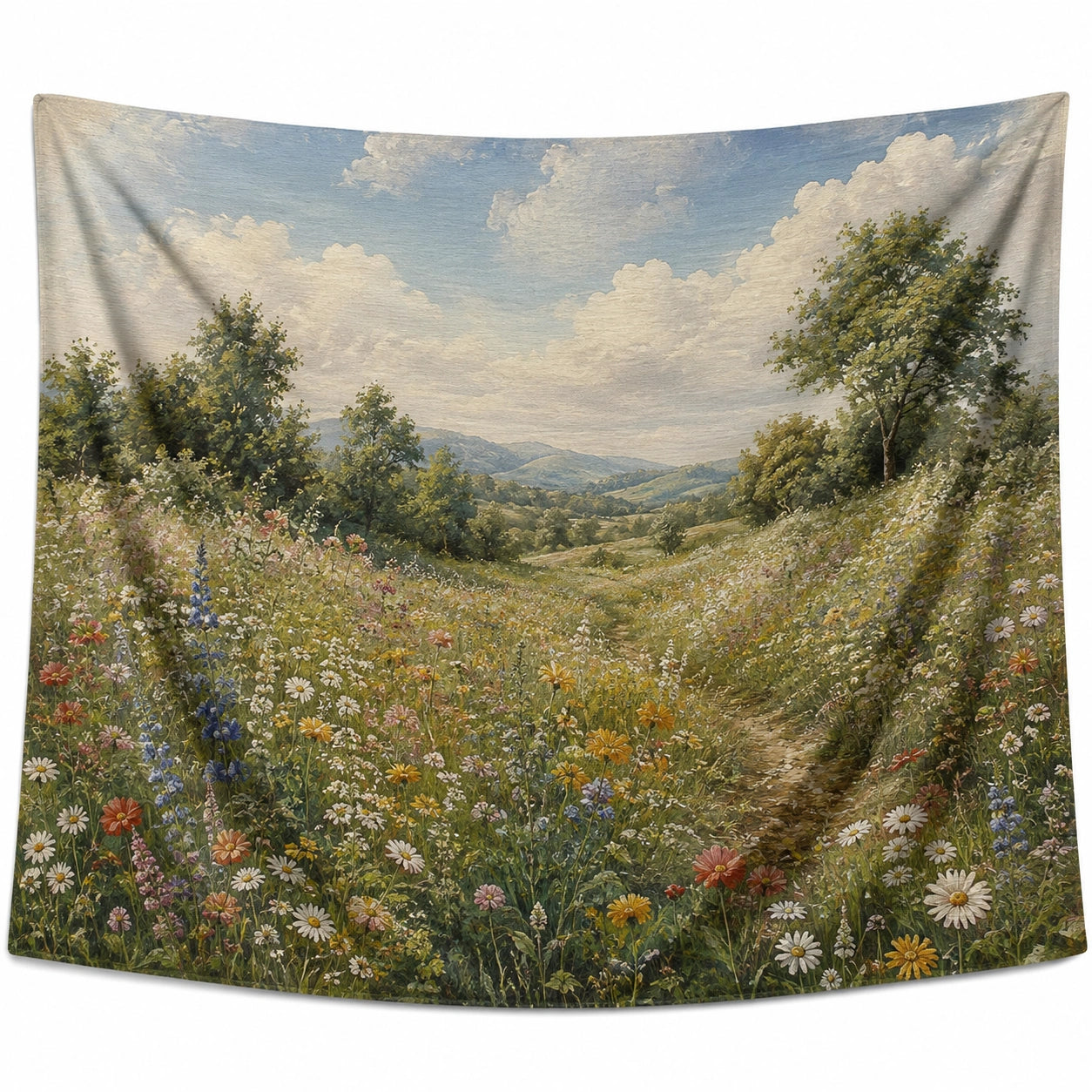 Tapisserie murale 150 x 130 cm en polyester paysage fleuri multicolore style champêtre