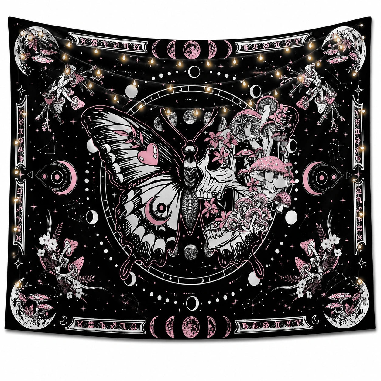 Tapisserie murale 150 x 150 cm en polyester noir rose motif papillon lunaire décoratif