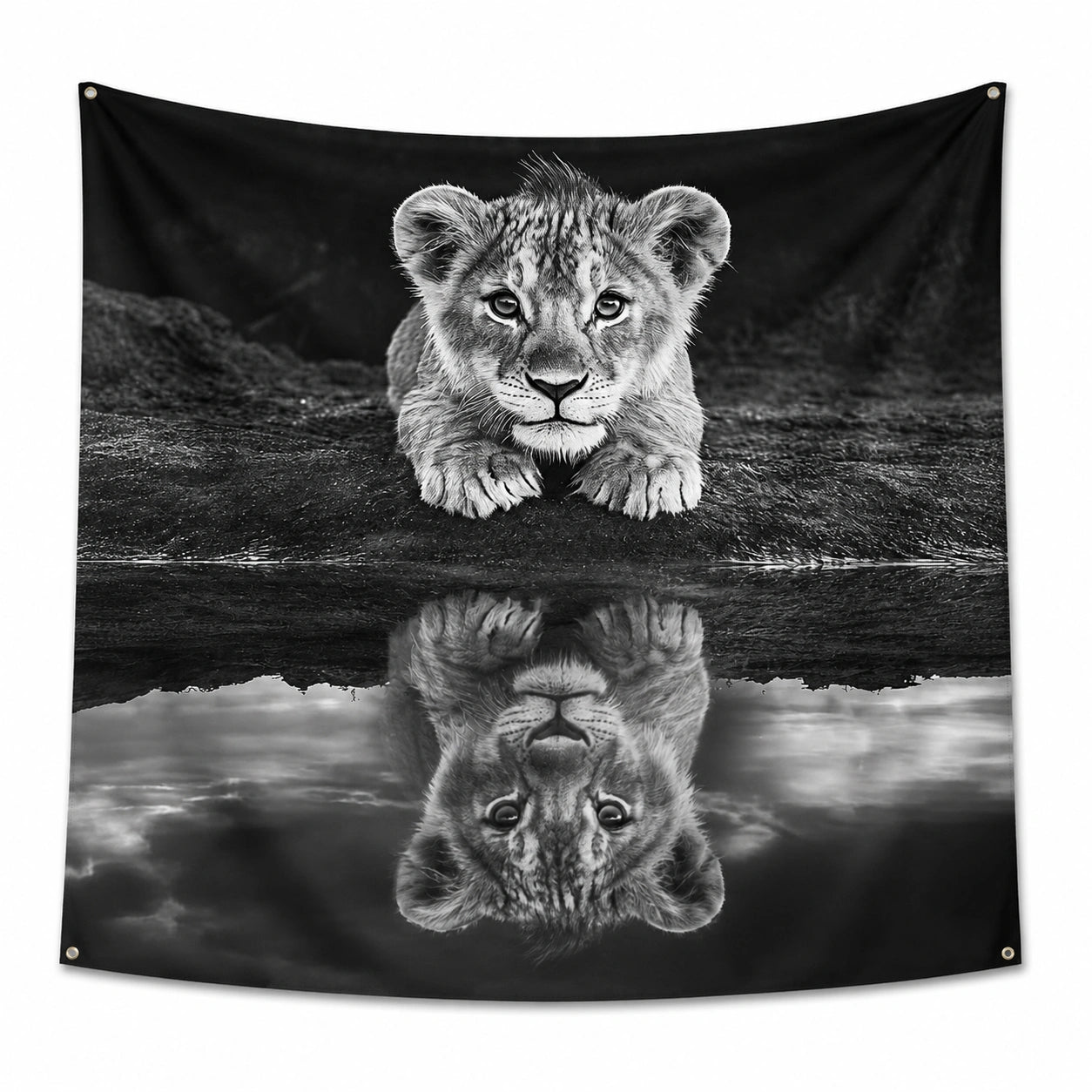 Tapisserie murale 150 x 150 cm en polyester noir et gris motif lionceau style photographique