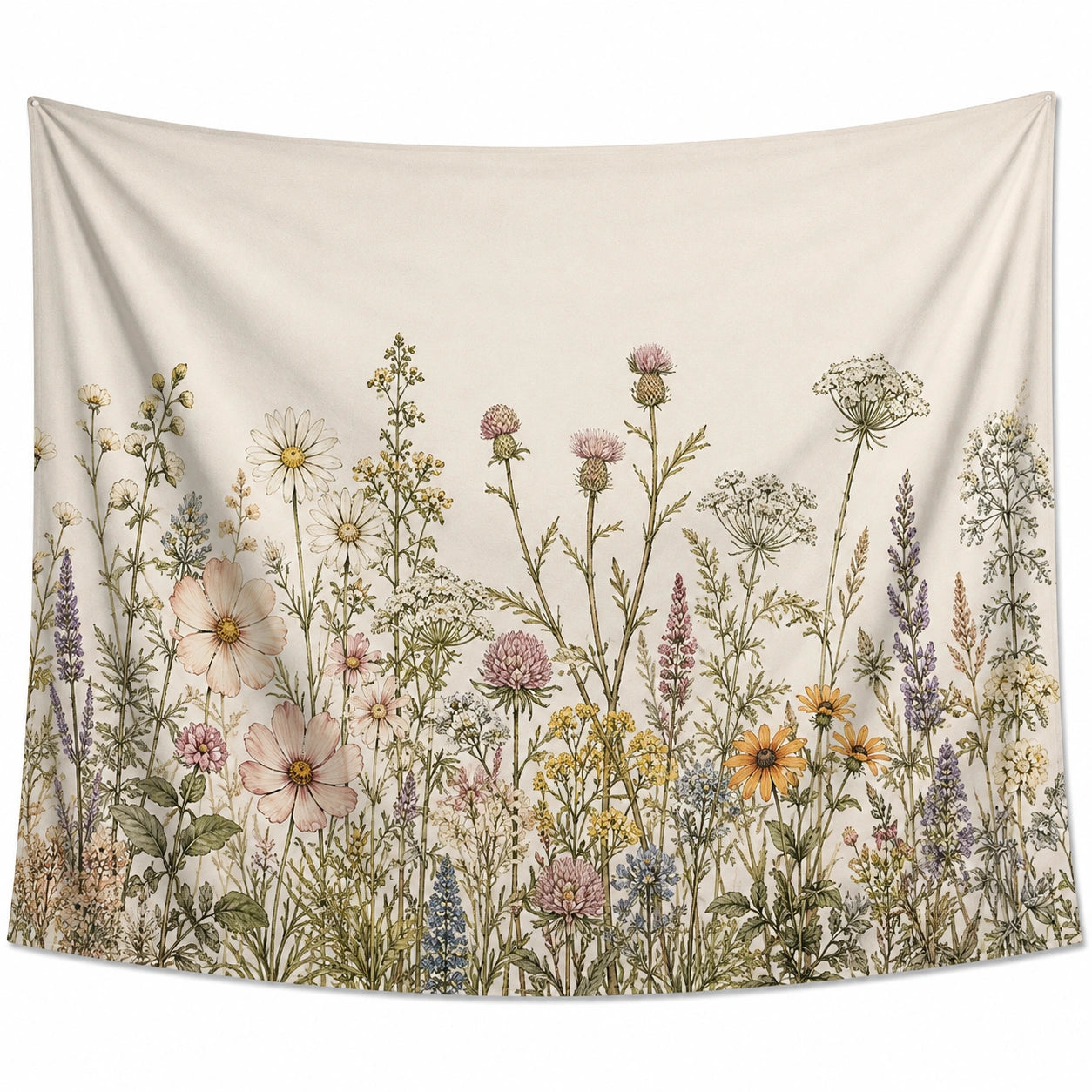 Tapisserie murale 150 cm x 130 cm en polyester écru motif fleurs champêtres style botanique
