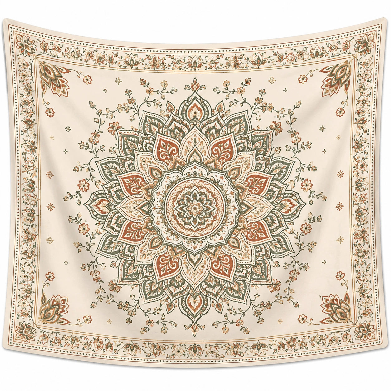 Tapisserie murale 150 x 150 cm en polyester écru motif mandala floral style bohème